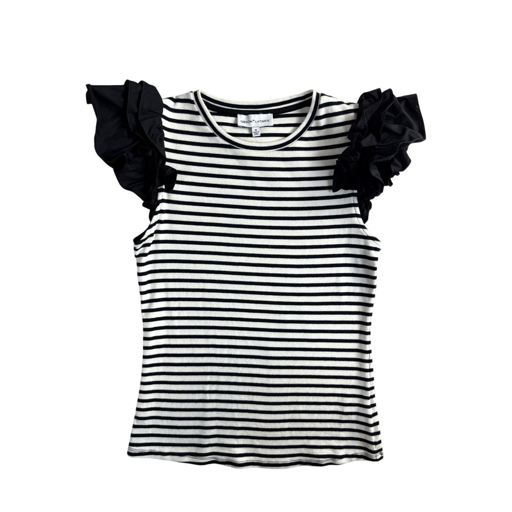 Gibson Latimer Women's Black and White Striped Ruffle Cap Sleeve Top S/M - Picture 2 of 7